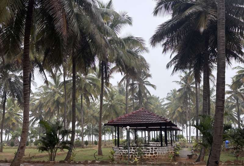 Garden gazebo at resort during rain